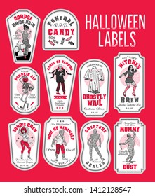 Halloween Bottle Labels & Potion Labels with Monsters. Grey and Red Color Palette. Vector Illustration.