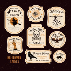 Halloween Bottle Labels & Potion Labels. Vector Illustration.