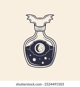 Halloween Bottle. Magic potion, Elixir icon. Vintage doodle style. Vector illustration