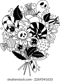 Halloween bouquet. Bouquet in the theme of Halloween, assembled from daisies with skulls, candy, lollipop, eyeballs, pumpkins, plants and a ghost, connected by a ribbon. Cartoon vector illustration. 