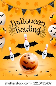 Halloween bowling flyer template. A6 format size. Vector clip art illustration.