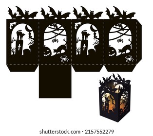 Halloween box or lantern stencil with cats and spiders in a graveyard. Holiday crafts, Halloween decor, Paper crafts.