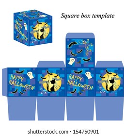 Halloween box template with ghost, black cat and bats, Vector illustration