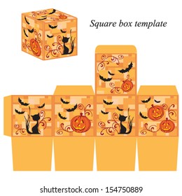 Halloween box template with pumpkin, black cat and bats. Vector illustration.