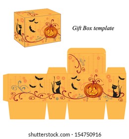 Halloween box template with pumpkin, black cat and bats. Vector.