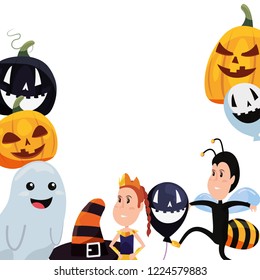 halloween boy and girl with costumes balloon pumpkin and ghost