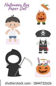 Halloween Boy Paper Doll Toy For Print And Cut Out. Boy Paper Doll Toy With Trick Or Treat Halloween Fancy Costumes.