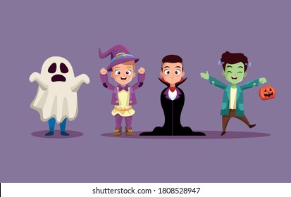 Halloween boys kids cartoons with costumes design, Holiday and scary theme Vector illustration