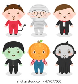 Halloween boys, set of characters, devil, mummy, vampire, green monster, pumpkin, dead, vector.