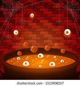 Halloween brick wall background. Scary eyes and spiders on web. Orange potion in cauldron with eyes and bubbles. Illustration can be used for cards, children's holiday design, invitations and banners