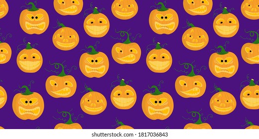 Halloween bright background. Seamless pattern for Halloween. Funny pumpkins