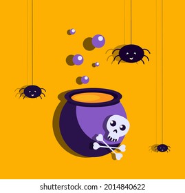 Halloween Bright Banner or Party Invitation. Greeting Card with Boiling Cauldron, Funny Spiders on Orange Background. Happy Halloween Celebration Poster.Flat Design. All Saints Day Vector Illustration
