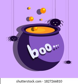 Halloween Bright Banner,Party Invitation.Purple Greeting Card.Boiling Cauldron,Funny Spider,Boo Text.Violet Background.Happy Halloween Celebration Poster.Flat Design.All Saints Day Vector Illustration