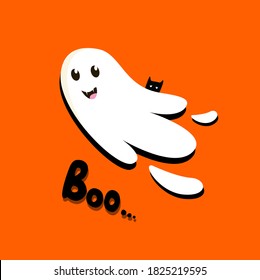 Halloween Bright Greeting Card with Funny Spooky White Ghost on Orange Background and Boo Text.Party Invitation.Happy Halloween Celebration Text Poster.Flat Design. All Saints Day Vector Illustration.