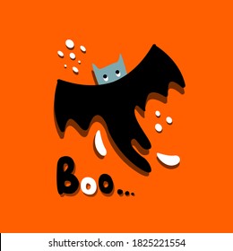 Halloween Bright Greeting Card with Funny Black Bat Vampire on Orange Background and Boo Text.Party Invitation. Happy Halloween Celebration Text Poster.Flat Design. All Saints Day Vector Illustration.