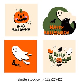 Halloween Bright Greeting Set Card.Creative Illustration with Funny Ghosts,Pumpkins,Bat,Cat Celebrating All Saints' Day.Allhallows Template for Halloween Party.Vector Set of Halloween Party Invitation