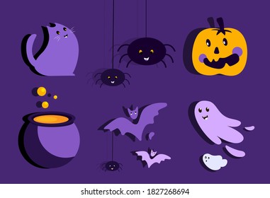 Halloween Bright Purple Greeting Set Card.Creative Flat Vector Elements.Funny Ghosts,Spiders,Pumpkin,Bats,Cat,Boiling Pot Cauldron.Template for Halloween Party.Vector Set of Halloween Party Invitation