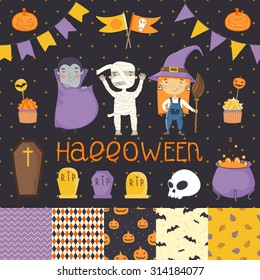Halloween bright scrapbook set. Witch, dracula, mummy. Various elements for your festive design - patterns, stickers. Vector eps 10