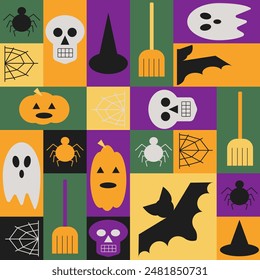 Halloween bright seamless pattern in geometric style. Holiday traditional elements in simple geometric shapes, vector flat style. Good for wrapping, textile, cover design