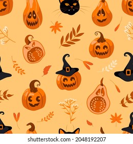 Halloween bright seamless vector pattern. Pumpkin jack-o-lantern, witch hat, autumn leaves, herbs and flowers on a yellow background. For nursery, wallpaper, printing on fabric, wrapping, background