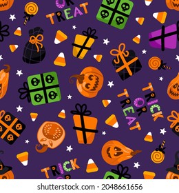 Halloween bright seamless vector pattern. Pumpkin lantern, witch hat, striped stockings, shoes, lollipops, gifts, stars, candy Corn. For nursery, wallpaper, printing on fabric, packaging, background