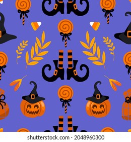 Halloween bright seamless vector pattern. Pumpkin jack-o-lantern, witch hat, striped stockings, shoes, lollipop, gifts, autumn leaves. For nursery, wallpaper, printing on fabric, wrapping, background.