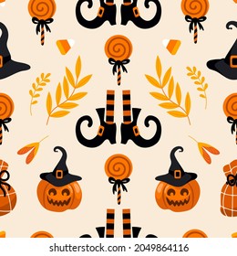 Halloween bright seamless vector pattern. Pumpkin jack-o-lantern, witch hat, striped stockings, shoes, lollipop, gifts, autumn leaves. For nursery, wallpaper, printing on fabric, wrapping, background.