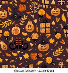 Halloween bright seamless vector pattern. Pumpkin jack-o-lantern, witch hat, striped stockings, shoes, lollipop, gifts, autumn leaves. For nursery, wallpaper, printing on fabric, wrapping