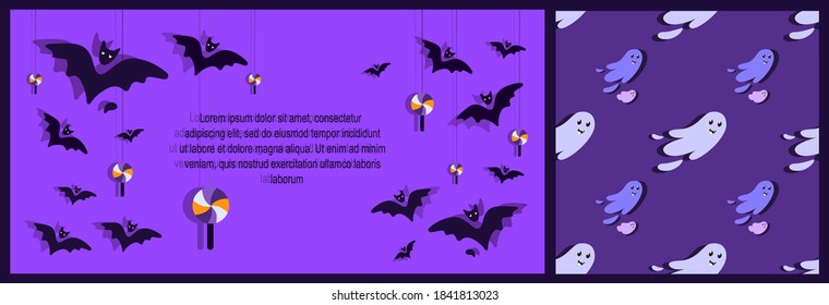 Halloween Bright Set of Greeting Card,Seamless Endless Pattern.Creative Violet Purple Illustration with Funny Bats and Ghosts. Celebrate Halloween Party Template. Vector Halloween Party Invitation Set