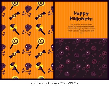 Halloween Bright Set of Greeting Card,Seamless Endless Pattern.Illustration Funny Skulls,Cross Bones,Candies Lollipops Endless Pattern.Celebrate Halloween Party Template.Halloween Party Invitation Set