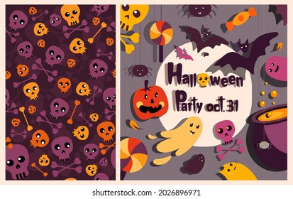 Halloween Bright Set of Greeting Card,Seamless Endless Pattern.Illustration,Funny Ghost,Pumpkin,Skulls,Sweets,Candies.Celebrate All Saints' Day.Halloween Party Template. Halloween Party Invitation Set