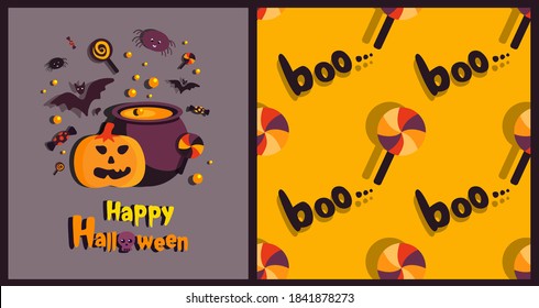 Halloween Bright Set of Greeting Card,Yellow Seamless Endless Pattern.Illustration with Funny Ghost,Pumpkin,Sweet Candies,Lollipops and Boo Text.Halloween Party Template.Halloween Party Invitation Set