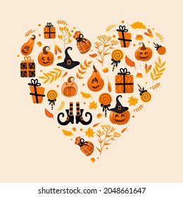 Halloween bright set vector illustration. Pumpkin jack-o-lantern, witch hat, striped stockings, shoes, lollipop, gifts, heart shape. For stickers, posters, postcards, design elements.
