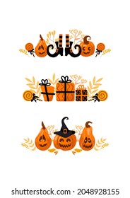 Halloween bright set vector illustration. Pumpkin jack-o-lantern, witch hat, striped stockings, shoes, lollipop, gifts. For stickers, posters, postcards, design