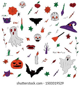 Halloween Bright stickers. Colorful doodles. Children's style. Horror Isolated objects on a white background. Bat, skull, pumpkin, cobweb, broom, vampire, fangs, plants.