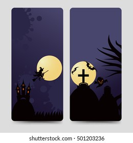 Halloween brochure flyers template with ghost castle headstones and full moon. Vector illustration