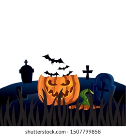 halloween broken pumpkin with bats flying in cemetery