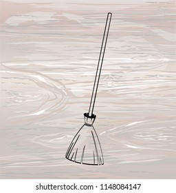 Halloween. Broom from branches on a wooden handle. Silhouettes. Contour. Black and white style An accessory of a witch. Vector on wooden background.