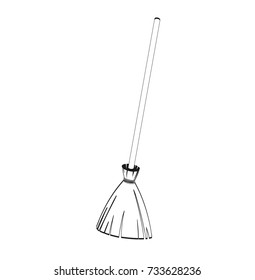 Halloween. Broom from branches on a wooden handle. Silhouettes. Contour. Black and white style An accessory of a witch. Vector.