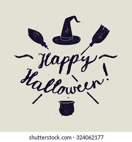 Halloween broom calligraphy. witch vector lettering. 