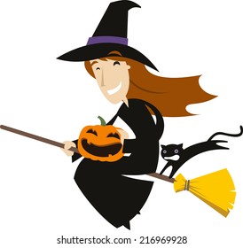 Halloween Broom Flying Witch Hat with Pumpkin and Black Cat 