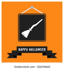 Halloween broom icon. Black Happy Halloween Ribbon Banner on Orange background. Vector illustration