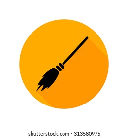 Halloween broom icon with long shadow. Vector, flat, illustration.
