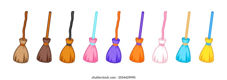 Halloween broom, broom set vector isolated