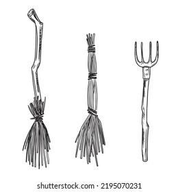 Halloween brooms and pitchfork set. Vector doddle illustration