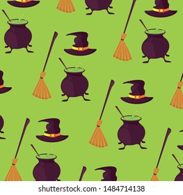 Halloween brooms and soup with witch hats background cartoons pattern ,vector illustration graphic design.