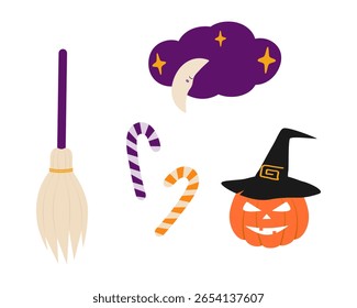 Vassoura de Halloween doces de bengala abóbora em chapéu de bruxa e lua crescente e nuvem Halloween Elementos