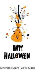 Vassoura de Halloween decorado com outono Folhas Acolhedor outono. Vassoura bruxa mágica com flores de queda Feliz Halloween Card Design. Autumn Witch Broom Saudação vetor sazonal Ilustração plana