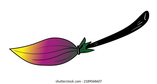 Halloween broomstick . Vector spooky doodle icon. Colourful illustration on white background.