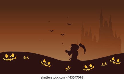 Halloween brown backgrounds warlock and castle silhouette illustration